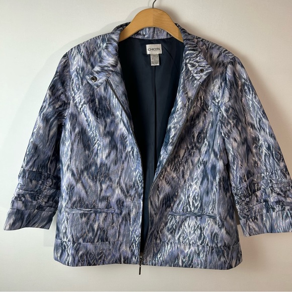 Chico's Purple & Silver Abstract Print Full Zip 3/4 Sleeve Jacket Size 2 - Picture 2 of 8